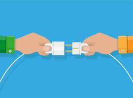 zwei Hände versuchen zu verbinden elektrisch Stecker zusammen, Verbindung, Zusammenarbeit. Vektor Illustration im eben Stil