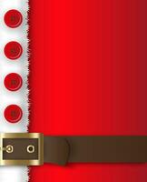 röd santa claus kostym, läder bälte med guld spänne, vit päls med knappar, begrepp för hälsning eller post kort, vektor illustration