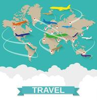 värld Karta med rutter flygplan, moln med tecken på grön bakgrund. vektor illustration i platt design. resa begrepp