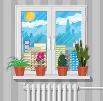 Weiß Fenster mit Blumen auf Mauer und Kühler. Stadt Horizont Silhouette beim Tag hinter Fenster. Wolkenkratzer, Türme, Büro und wohnhaft Gebäude. Himmel, Wolken, Sonne. Vektor Illustration im eben Stil