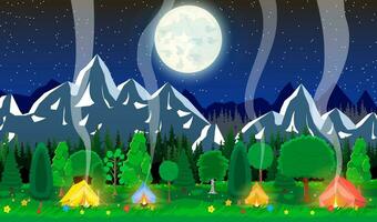 äng med gräs och camping i natt. tält, bål, blommor, berg, träd, himmel, måne och stjärnor. vektor illustration i platt stil
