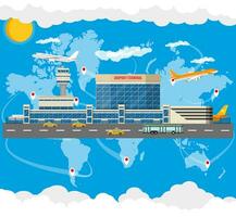 internationell flygplats begrepp. värld Karta i moln, Sol. flygplats terminal med väg, taxi cab, buss och flygplan. vektor illustration i platt stil