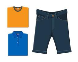 Blau Shirt, Orange T-Shirt, Jeans kurze Hose. Männer Sommer- Kleidung. Vektor Illustration im eben Stil