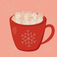 Vektor heiß Schokolade mit Marshmallows im ein rot Tasse, Kakao mit Marshmallows, Rosa Hintergrund mit Schneeflocken