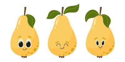Birne Obst Zeichen mit Gesicht. Sommer- einstellen Vitamin Vektor Illustration isoliert auf Weiß. Karikatur eben Stil