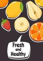 abstrakt Obst Poster mit Text frisch und gesund auf dunkel Hintergrund. Sommer- Vitamin Früchte. Vektor Illustration zum Banner, Flyer, Speisekarte, Obst Geschäft