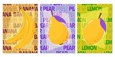 einstellen von abstrakt modern Obst Plakate. Banane, Zitrone, Birne Früchte.Sommer Vitamin Vektor Illustration zum Banner, Flyer, Speisekarte, Obst Geschäft, Sozial Medien