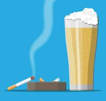 Glas von Bier mit Zigarette und Aschenbecher. Alkohol, Tabak. Bier alkoholisch trinken, Rauchen Produkte. ungesund Lebensstil Konzept. Vektor Illustration im eben Stil