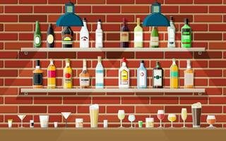 dricka etablering. interiör av pub, Kafé eller bar. bar disken, hyllor med alkohol flaskor, lampa. trä- och tegel dekor. vektor illustration i platt stil