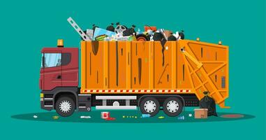 LKW Montage Transport Müll. überfüllt Müll Essen verfault Obst Papiere Behälter Glas. Auto Abfall Verfügung Recycling Verwertung Ausrüstung Abfall Management. eben Vektor Illustration