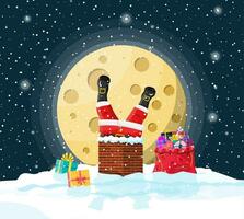 Santa claus mit Tasche mit Geschenke stecken im Haus Schornstein, Geschenk Kisten im Schnee. glücklich Neu Jahr Dekoration. fröhlich Weihnachten Vorabend Urlaub. Neu Jahr und Weihnachten Feier. Vektor Illustration im eben Stil