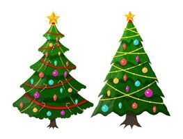 jul träd dekorerad med färgrik bollar, krans lampor, gyllene stjärna. gran, vintergröna träd. hälsning kort, festlig affisch, fest inbjudningar. ny år. vektor illustration i platt stil