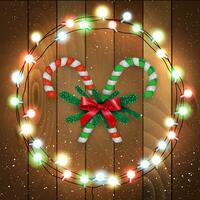 jul bakgrund med röd och grön polkagrisar, päls grenar med röd band på trä- bakgrund med snö och lysande lampor lökar. vektor illustration. aning för hälsning kort