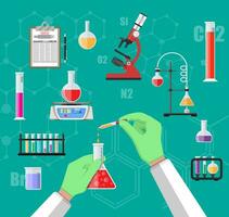 vetenskap experimentera i laboratorium. laboratoriet Utrustning, burkar, bägare, flaskor, mikroskop, anda lampa, vågar. biologi vetenskap utbildning medicinsk vektor illustration i platt stil