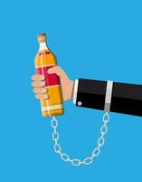 flaska av whisky i hand på kedja. alkoholhaltig kedjad till de flaska av alkohol. begrepp av alkohol Beroende. vektor illustration i platt stil