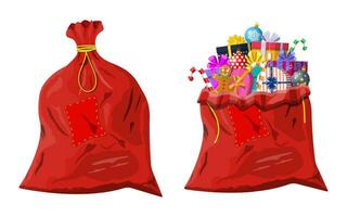 xmas röd stängd och öppen väska. gåva lådor i trasa väska. färgrik inslagna. närvarande lådor annorlunda storlekar med bågar och band. jul och ny år dekoration. vektor illustration platt stil
