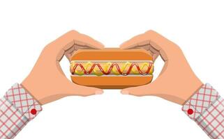 varmkorv i händer. korv med bulle, senap och ketchup. snabb mat begrepp. vektor illustration i platt stil