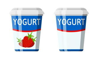 plast behållare med yoghurt. jordgubb yoghurt efterrätt. mat plast glas. mjölk produkt. organisk friska produkt. vektor illustration i platt stil