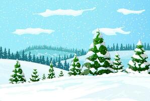 Winter Landschaft mit Weiß Kiefer Bäume auf Schnee hügel. Weihnachten Landschaft mit Tanne Bäume Wald und schneit. glücklich Neu Jahr Feier. Neu Jahr Weihnachten Urlaub. Vektor Illustration eben Stil