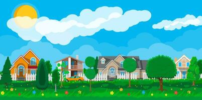 Privat Vorort- Häuser mit Auto, Bäume, Straße, Himmel und Wolken. Dorf. Vektor Illustration im eben Stil