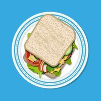 smörgås på tallrik topp se. rostat bröd bröd, tomat, skinka, sallad och ost. vektor illustration i platt stil på blå bakgrund