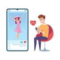 Mann wie Post-Social-Media-Video-Chat-Typ sendet Nachricht glückliche Frau Illustration