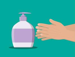 Flasche mit Flüssigkeit Seife und Hände. Mann wäscht Hände, Hygiene. Dusche Gel oder Shampoo. Plastik Flasche mit Spender zum Reinigung Produkte. Vektor Illustration im eben Stil