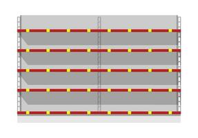 leeren Supermarkt Vitrine. Verkauf Plastik Regale zum Produkte. Geschäft Regal, Warenhaus Gestell. Geschäft und Einkaufszentrum Möbel. Vektor Illustration im eben Stil