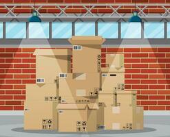 Warenhaus Innere mit Waren und Container Paket Boxen. Stapel Karton Kisten Satz. Karton Lieferung Verpackung öffnen und geschlossen Box mit fragil Zeichen. Vektor Illustration im eben Stil