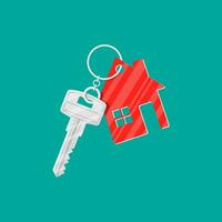 Metall Schlüssel mit Schlüsselbund Haus im eben Stil. besorgen, Vermietung oder mieten ein Haus. Vektor Illustration