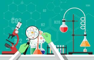 vetenskap experimentera i laboratorium. laboratorium Utrustning, burkar, bägare, flaskor, mikroskop, anda lampa. biologi vetenskap utbildning medicinsk vektor illustration i platt stil