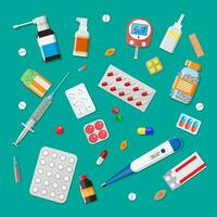 Medizin Tabletten Kapseln und Flaschen und Gesundheitswesen Geräte. Tablets im eben Stil. medizinisch Symbole Satz. Vektor Illustration