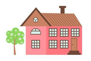 Rosa Süss Zuhause mit Blühen Baum. süß Karikatur Puppenhaus. Hand gezeichnet Vektor Illustration isoliert auf Weiß Hintergrund.