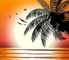 Silhouette von Palme Baum auf Strand. Sonne mit Betrachtung im Wasser und Möwen. Sonnenuntergang im tropisch Ort. Vektor Illustration