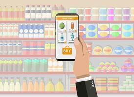 Hand halten Smartphone mit Einkaufen App. Lebensmittelgeschäft Lieferung. Internet Befehl. online Supermarkt. Vektor Illustration im eben Stil