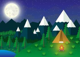 Sommer- Campingplatz mit ein Lagerfeuer im Nacht Zeit, See, Wald, Berge, Himmel, Wolken, Mond. Reise und Ferien Konzept. Vektor Illustration im eben Design