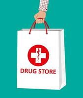 vit handla väska för medicinsk piller och flaskor i hand, sjukvård och handla, apotek, läkemedel Lagra. vektor illustration i platt stil