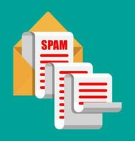 Gelb Papier Umschlag und Spam Mail Konzept. lange E-Mails. Email Box hacken, Spam Warnung, Virus und Malware, Netzwerk Sicherheit. Vektor Illustration im eben Stil