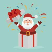 komisch Santa claus im Geschenk Box und Papier Feuerwerk. fröhlich Weihnachten und glücklich Neu Jahr Gruß Karte. Vektor Illustration