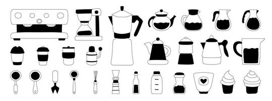 einstellen von schwarz Symbole auf Weiß Hintergrund zum Kaffee Geschäft und Barista. Kaffee Maschinen, Tassen, Papier Tassen, Teekannen mit Kaffee, Krüge mit Milch, Kuchen und Schokolade, Kaffee und Schokolade Bohnen. vektor