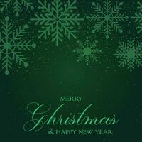 grön jul bakgrund med snöflingor och glad jul text vektor