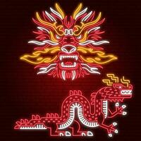 glücklich Chinesisch Neu Jahr Neon- einstellen im retro Stil mit Drachen. Vektor Illustration. zum Neon- Banner, Karten, Plakate mit Drachen Zeichen 2024 Chinesisch Neu Jahr