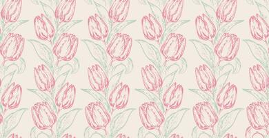 Vektor Hand gezeichnet skizzieren Silhouetten Blumen Tulpen nahtlos Muster. botanisch Illustration. einfach Licht Blumen- drucken. Vorlage zum Design, Textil, Mode, Oberfläche Design, Stoff, Hintergrund