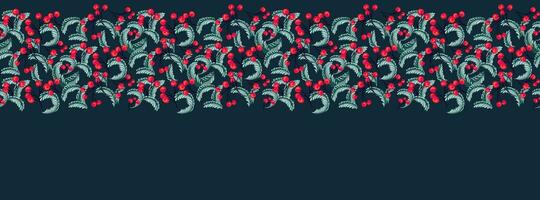 horizontal Weihnachten, Urlaub Rand mit Kopieren Raum. Vektor Hand gezeichnet stilisiert Geäst und rot Beeren. geeignet zum Email Header, Post im Sozial Netzwerke, Werbung, Veranstaltungen und Seite Startseite