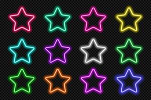 Neon- Star Symbol Satz. glühend coloful Superstar Berühmtheit Taste. geometrisch gestalten Aktion ui Elemente mit Kopieren Raum. lila, Blau, Rosa, Gelb, Grün, rot Farbe Text Kasten. Vektor Illustration.