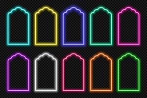 neon form islamic dörr och fönster silhuett lysande arabicum båge. samling av ljus portal i orientalisk stil. ramar i arabicum muslim design för ramadan kareem. vektor moské Port form.