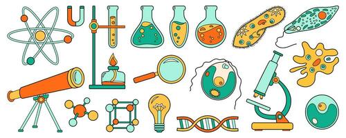 Wissenschaft Schule einstellen oder Bildung Symbole. Chemie und Biologie Labor Karikatur Sammlung. Fett gedruckt hell Mikroskop, Molekül Atom, Fernrohr, Prüfung Rohr, Amöbe. Vektor Illustration isoliert auf Weiß.