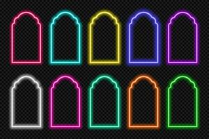 neon form islamic dörr och fönster silhuett lysande arabicum båge. samling av ljus portal i orientalisk stil. ramar i arabicum muslim design för ramadan kareem. vektor moské Port form.