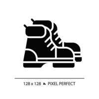 2d Pixel perfekt Glyphe Stil Wandern Stiefel Symbol, isoliert Vektor, Wandern Ausrüstung Silhouette Illustration. vektor