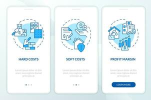 2d blå ikoner representerar konstruktion kosta mobil app skärm uppsättning. genomgång 3 steg enfärgad grafisk instruktioner med tunn linje ikoner begrepp, ui, ux, gui mall. vektor